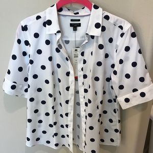 Talbots Crisp white shirt w/dark navy polka dots